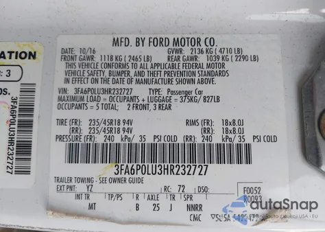 2017 Ford Fusion Hybrid Se из США, поврежденный, VIN 3FA6P0LU3HR232727